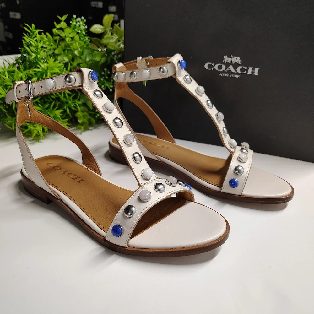 Coach Sadie T-Strap Sandals Chalk Leather Ankle Strap Q8973 NIB